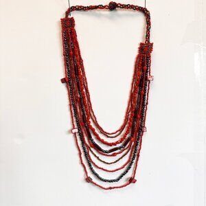 Red and Black Beaded Multi-Strand Necklace Made in Indonesia